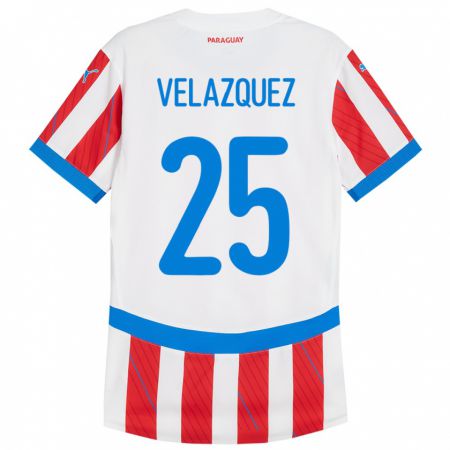 Kandiny Bambino Maglia Paraguay Gustavo Velázquez #25 Bianco Rosso Kit Gara Home 24-26 Maglietta