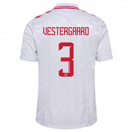 Kandiny Bambino Maglia Danimarca Jannik Vestergaard #3 Bianco Kit Gara Away 24-26 Maglietta