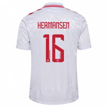 Kandiny Bambino Maglia Danimarca Mads Hermansen #16 Bianco Kit Gara Away 24-26 Maglietta