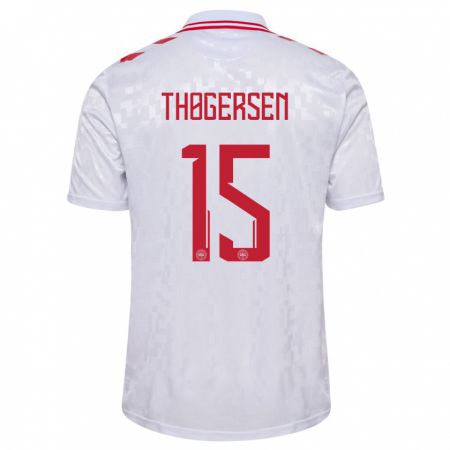 Kandiny Bambino Maglia Danimarca Frederikke Thøgersen #15 Bianco Kit Gara Away 24-26 Maglietta