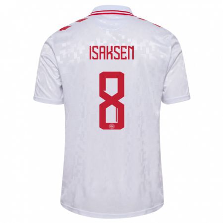 Kandiny Bambino Maglia Danimarca Gustav Isaksen #8 Bianco Kit Gara Away 24-26 Maglietta