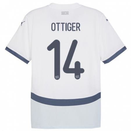 Kandiny Uomo Maglia Svizzera Severin Ottiger #14 Bianco Kit Gara Away 24-26 Maglietta