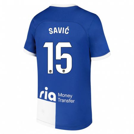 Kandiny Bambino Maglia Stefan Savic #15 Blu Bianco Kit Gara Away 2023/24 Maglietta