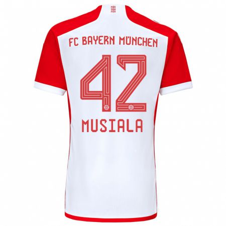 Kandiny Mujer Camiseta Jamal Musiala #42 Rojo Blanco 1ª Equipación 2023/24 La Camisa