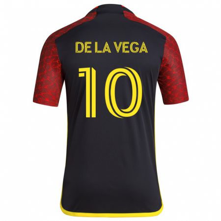 Kandiny Bambino Maglia Pedro De La Vega #10 Rosso Nero Kit Gara Away 2024/25 Maglietta