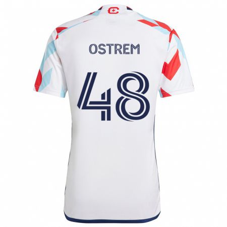 Kandiny Bambino Maglia Charlie Ostrem #48 Bianco Rosso Blu Kit Gara Away 2024/25 Maglietta