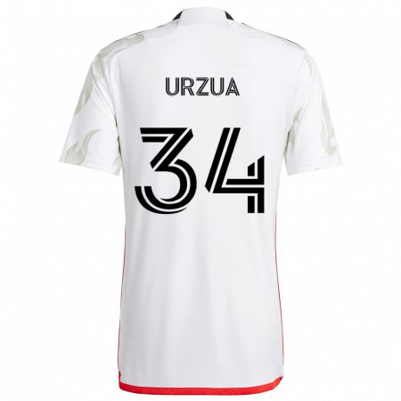 Kandiny Bambino Maglia Alejandro Urzua #34 Bianco Rosso Nero Kit Gara Away 2024/25 Maglietta