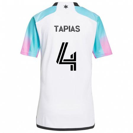 Kandiny Bambino Maglia Miguel Tapias #4 Bianco Blu Nero Kit Gara Away 2024/25 Maglietta