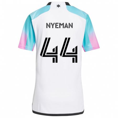 Kandiny Bambino Maglia Moses Nyeman #44 Bianco Blu Nero Kit Gara Away 2024/25 Maglietta