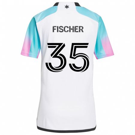 Kandiny Bambino Maglia Britton Fischer #35 Bianco Blu Nero Kit Gara Away 2024/25 Maglietta