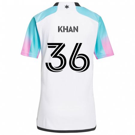 Kandiny Bambino Maglia Molik Khan #36 Bianco Blu Nero Kit Gara Away 2024/25 Maglietta