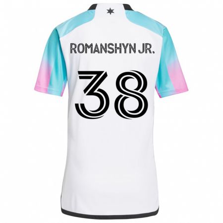 Kandiny Bambino Maglia Kage Romanshyn Jr. #38 Bianco Blu Nero Kit Gara Away 2024/25 Maglietta