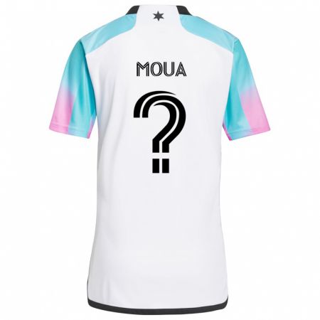 Kandiny Bambino Maglia Nathan Moua #0 Bianco Blu Nero Kit Gara Away 2024/25 Maglietta