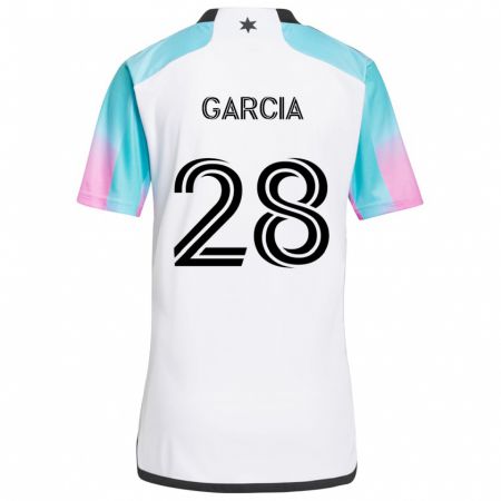 Kandiny Bambino Maglia Mender García #28 Bianco Blu Nero Kit Gara Away 2024/25 Maglietta