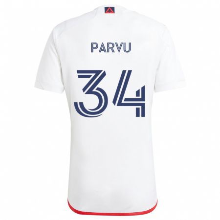 Kandiny Niño Camiseta Alexandru Pârvu #34 Blanco Rojo 2ª Equipación 2024/25 La Camisa