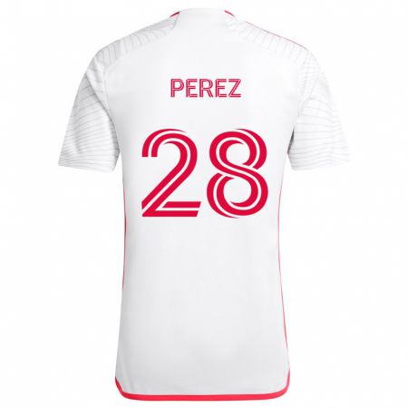 Kandiny Bambino Maglia Miguel Perez #28 Bianco Rosso Kit Gara Away 2024/25 Maglietta