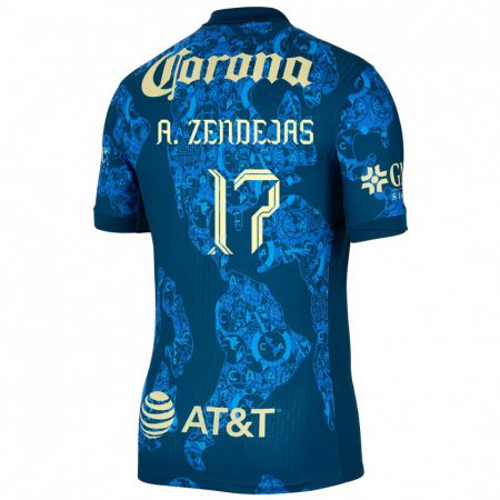 Kandiny Niño Camiseta Álex Zendejas #17 Azul Amarillo 2ª Equipación 2024/25 La Camisa México