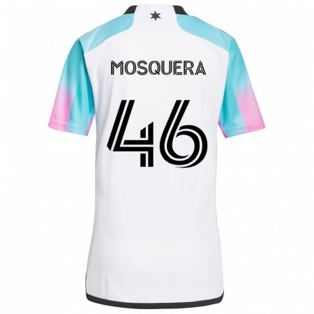 Kandiny Uomo Maglia Juan Camilo Mosquera #46 Bianco Blu Nero Kit Gara Away 2024/25 Maglietta