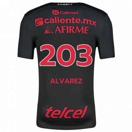 Kandiny Niño Camiseta Jaime Álvarez #203 Negro Rojo 1ª Equipación 2024/25 La Camisa