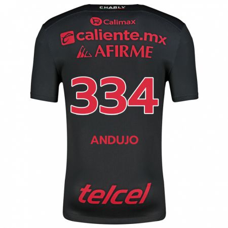 Kandiny Niño Camiseta Favio Andujo #334 Negro Rojo 1ª Equipación 2024/25 La Camisa