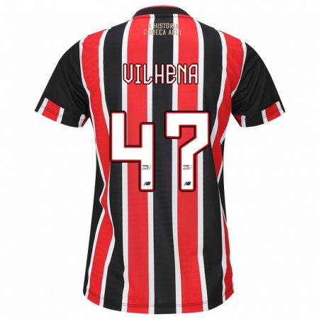 Kandiny Bambino Maglia Pedro Vilhena #47 Nero Rosso Bianco Kit Gara Away 2024/25 Maglietta