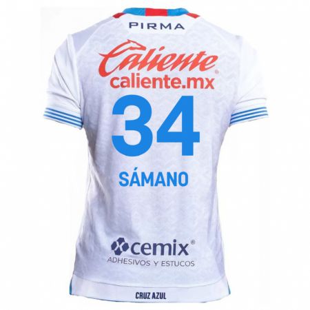 Kandiny Bambino Maglia Leonardo Sámano #34 Bianco Blu Kit Gara Away 2024/25 Maglietta