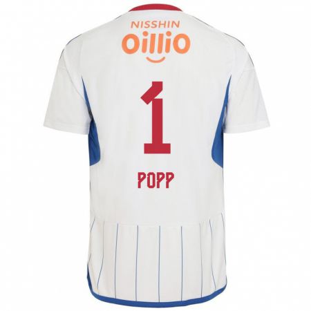 Kandiny Bambino Maglia William Popp #1 Bianco Blu Rosso Kit Gara Away 2024/25 Maglietta