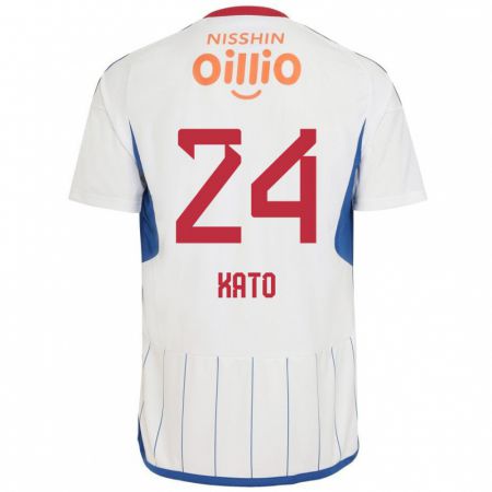 Kandiny Bambino Maglia Hijiri Kato #24 Bianco Blu Rosso Kit Gara Away 2024/25 Maglietta