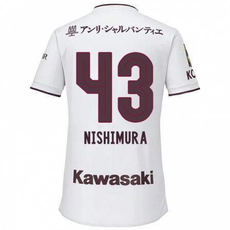 Kandiny Bambino Maglia Nagi Nishimura #43 Bianco Rosso Kit Gara Away 2024/25 Maglietta