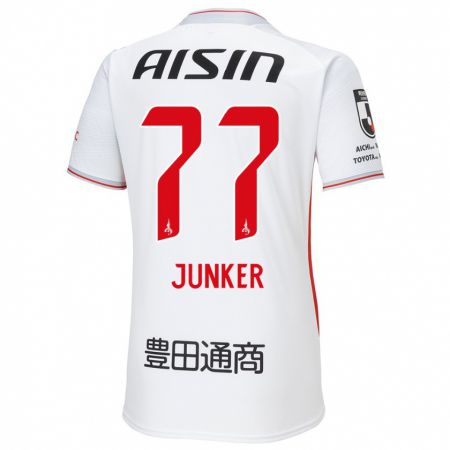 Kandiny Bambino Maglia Kasper Junker #77 Bianco Giallo Rosso Kit Gara Away 2024/25 Maglietta