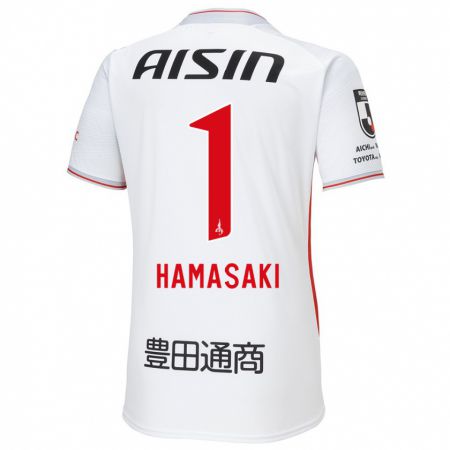 Kandiny Bambino Maglia Shiki Hamasaki #1 Bianco Giallo Rosso Kit Gara Away 2024/25 Maglietta