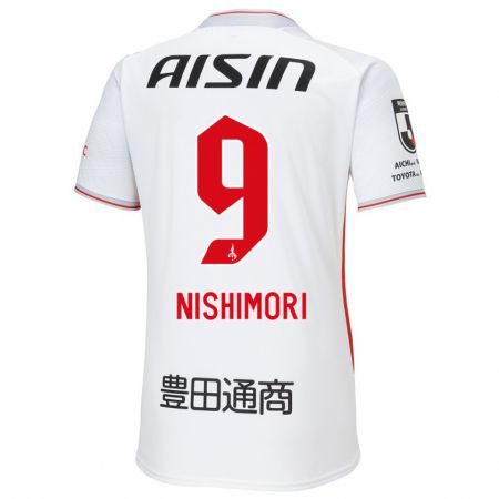 Kandiny Bambino Maglia Naoto Nishimori #9 Bianco Giallo Rosso Kit Gara Away 2024/25 Maglietta