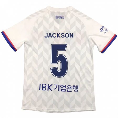 Kandiny Bambino Maglia Lachlan Jackson #5 Bianco Blu Kit Gara Away 2024/25 Maglietta