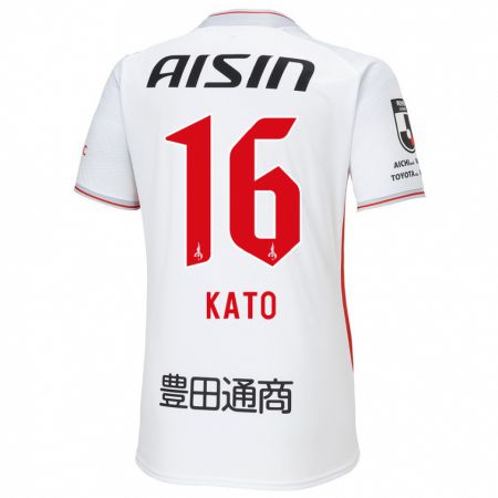 Kandiny Uomo Maglia Naotaro Kato #16 Bianco Giallo Rosso Kit Gara Away 2024/25 Maglietta