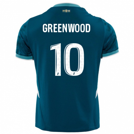 Kandiny Bambino Maglia Mason Greenwood #10 Turchese Blu Kit Gara Away 2024/25 Maglietta