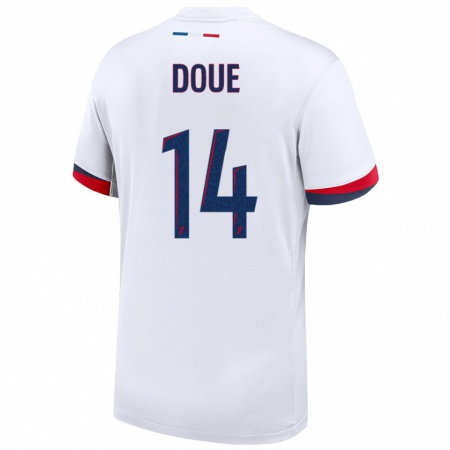 Kandiny Bambino Maglia Désiré Doué #14 Bianco Blu Rosso Kit Gara Away 2024/25 Maglietta