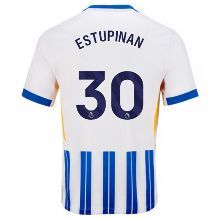 Kandiny Heren Pervis Estupiñán #30 Wit Blauwe Krijtstrepen Thuisshirt Thuistenue 2024/25 T-Shirt