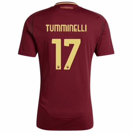 Kandiny Niño Camiseta Gianmarco Tumminelli #17 Rojo Marrón Dorado 1ª Equipación 2024/25 La Camisa