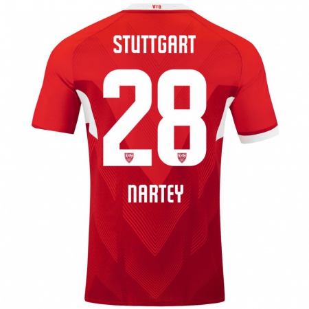 Kandiny Bambino Maglia Nikolas Nartey #28 Rosso Bianco Kit Gara Away 2024/25 Maglietta