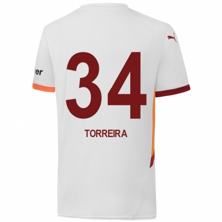 Kandiny Kinderen Lucas Torreira #34 Wit Geel Rood Uitshirt Uittenue 2024/25 T-Shirt