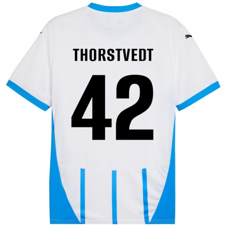 Kandiny Heren Kristian Thorstvedt #42 Wit Blauw Uitshirt Uittenue 2024/25 T-Shirt