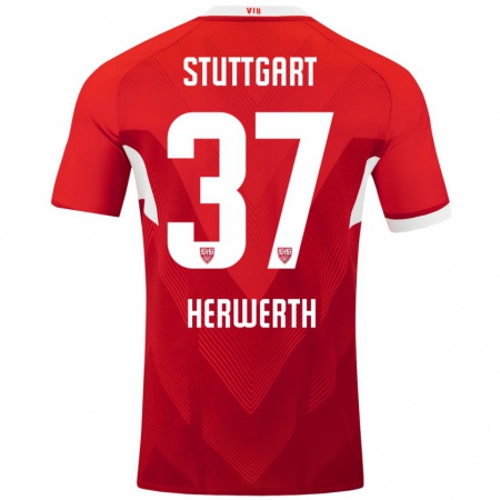 Kandiny Heren Maximilian Herwerth #37 Rood Wit Uitshirt Uittenue 2024/25 T-Shirt