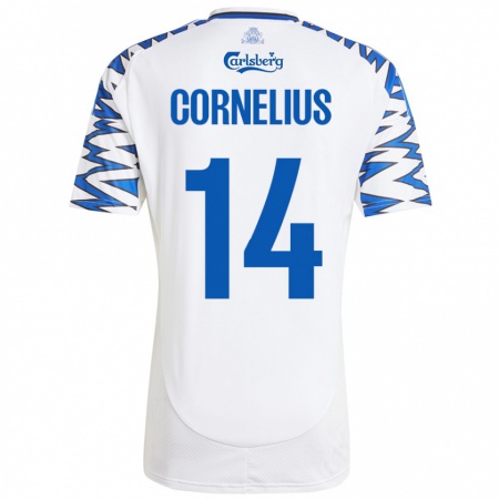 Kandiny Niño Camiseta Andreas Cornelius #14 Blanco Azul Cielo 1ª Equipación 2024/25 La Camisa