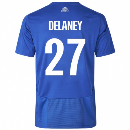 Kandiny Niño Camiseta Thomas Delaney #27 Blanco Azul 2ª Equipación 2024/25 La Camisa