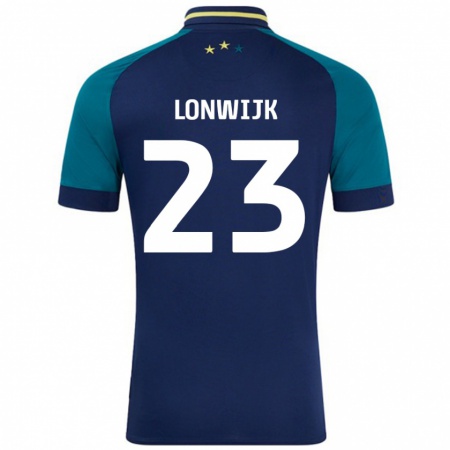 Kandiny Bambino Maglia Nigel Lonwijk #23 Blu Navy Verde Scuro Kit Gara Away 2024/25 Maglietta